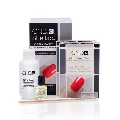 Изображение "SHELLAC OFFLY FAST" - Набор для снятия гелевого лака в домашних условиях, 10 фольгированных спонжей, средсво для снятия "Offly Fast" 59мл, масло "SolarOil" 3,7мл плюс апельсиновая палочка.