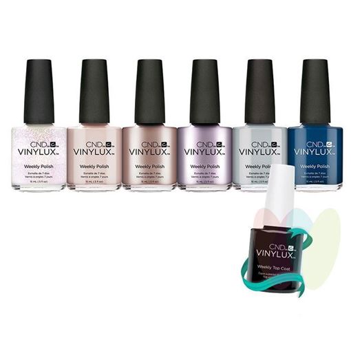 Изображение "VINYLUX POP DISPLAY GLACIAL ILLUSION" - Коллекция лаков с картонным дисплеем, 6 видов по 2шт плюс два закрепителя по 15мл.
